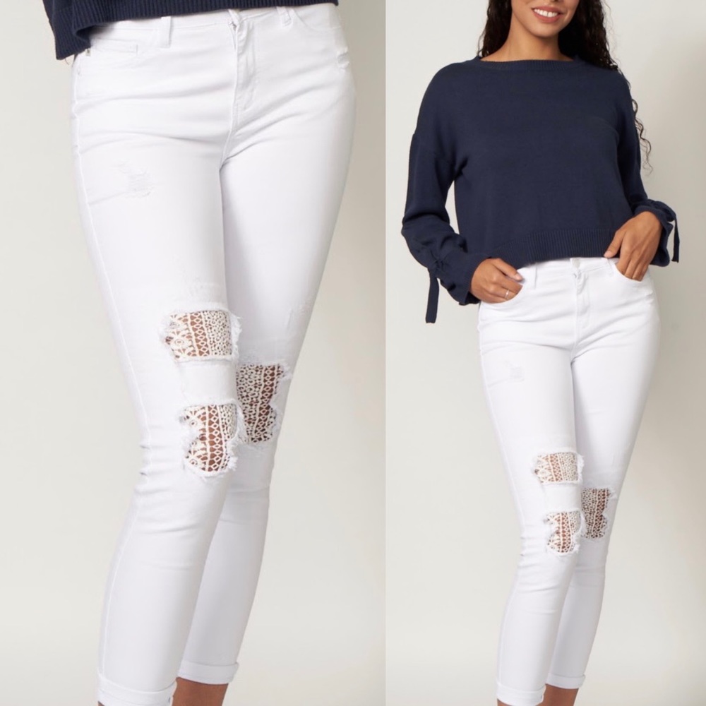 White Distressed Lace Jeans | New! Cozy & Stretcy!